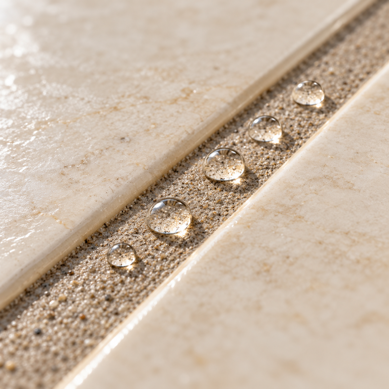 AI illustration of water droplets beading on a grout joint between ivory tiles